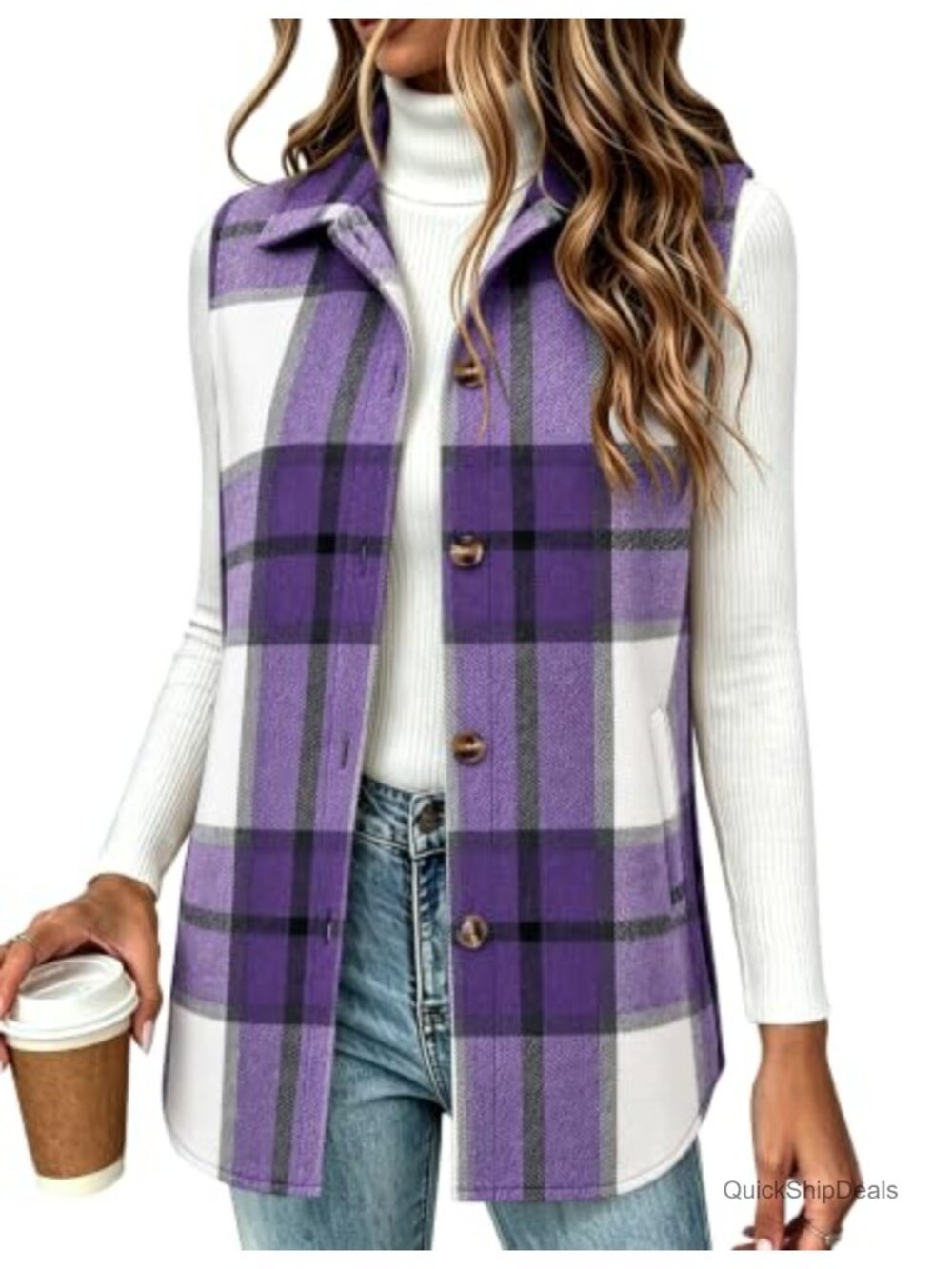 Women's Flannel Plaid Vest Sleeveless Button Down Lapel Collar Lightweight